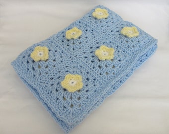 Handmade Crocheted "Granny Square" Baby Afghan with yellow "Apple Blossom" Flowers