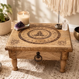 Wooden Pendulum Altar Table  with Drawer & Mini Intuitive Pendulum | Divination Board | Chakra Zodiac Engraved | Meditation  Spiritual
