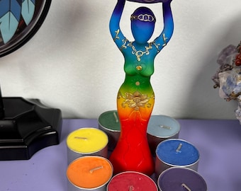 Chakra Goddess Tea Light Holder: Vibrant Colors Altar Decor with Votives