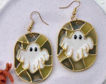 Halloween Ghost Earrings, Stained Glass Effect, Polymer Clay, Green, White, Black, Gold, Handmade Boho, Witchy Jewelry