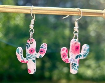 Spring Florals Cactus Earrings, Pink flower Cactus, Spring Earrings, Cactus Jewelry, Nature Accessories, Gift for her, Plant Lover, Summer