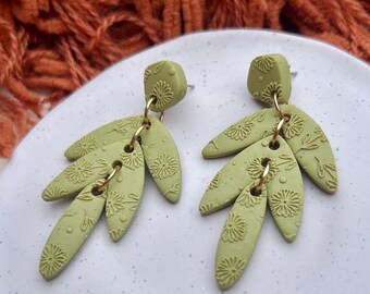 Polymer Clay Floral Dangle Earrings – Green Flower Earrings, 3 Tier Handmade Earrings, Lightweight Cottagecore Jewelry