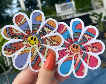 ヒッピーフラワーステッカー、グルーヴィーフラワーステッカー、グルーヴィーステッカー、笑顔の花、レトロステッカー、ヒッピーデカール、フラワーステッカー、60年代ステッカー