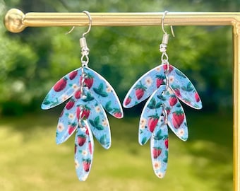 Strawberry Earrings, 3 Tier Earrings, Tiered Drop Dangle Earrings, Blue, Red Strawberry, Flower Clay Earrings, Polymer Clay Earrings, berry