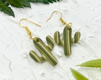 Pendientes de cactus de rayas verdes de arcilla polimérica, joyas colgantes suculentas, accesorio de planta minimalista, regalo para ella, amante de las plantas, ligero