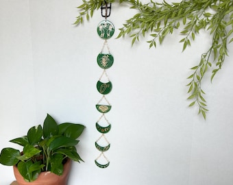Green and Gold Moon Phase Wall Hanging, Witchy, Cottagecore, Boho, Mushroom, crystal, celestial, decoration