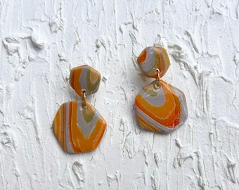 Psychedelic Dreams Collection, Hexagon Studs, Striped Earrings, Faux Geode, Polymer Clay Earrings, Yellow, Orange, Blue, Green, Red, Striped