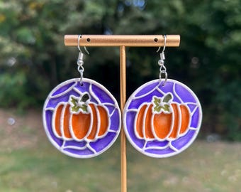 Halloween Pumpkin Earrings, Stained Glass Effect, Porcelain Pottery Effect, Polymer Clay, Orange, Purple, White, Handmade Boho