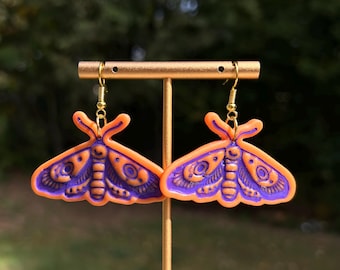 Handmade Purple and Orange Halloween Moth Earrings, Polymer Clay, Witchy Halloween, Boho, Gothic, Spooky Fall, Jewelry, Cottagecore
