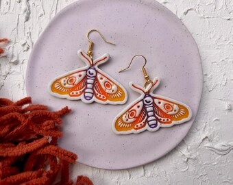 Handmade Orange, Yellow, Purple and White Halloween Moth Earrings, Polymer Clay, Witchy Halloween, Boho, Gothic, Spooky Fall, Jewelry