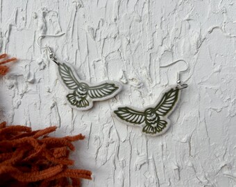 Handmade Green and White Halloween Owl Earrings, Polymer Clay, Witchy Halloween, Boho, Gothic, Spooky Fall, Jewelry, Cottagecore aesthetic