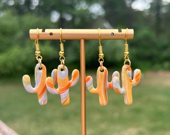 Psychedelic Dreams Collection, Cactus Jewelry, Striped Earrings, Faux Geode, Polymer Clay Earrings, Yellow, Orange, Blue, Green, Red