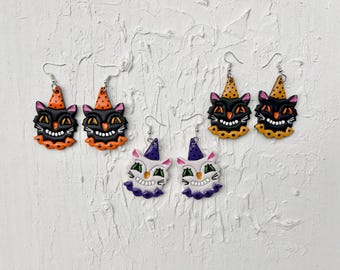 Vintage Halloween Cat Earrings, Black Cat, Polymer Clay, Orange, Purple, Yellow, White, Black, Nostalgic Halloween, Witchy Kitten Jewelry