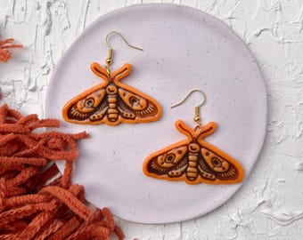 Handmade Orange, and Black Halloween Moth Earrings, Polymer Clay, Witchy Halloween, Boho, Gothic, Spooky Fall, Jewelry