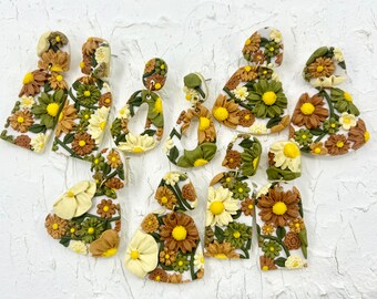 Vintage Florals Earring Collection, Retro 70s Earrings, Polymer Clay Jewelry, Earth Toned Boho Studs, Yellow Orange Green, Leaves, Flowers