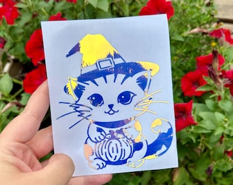 Halloween Vinyl Decal, Cat Sticker, Holographic Vinyl, Spooky Witchy Cat, Cup decal, Car decal, Laptop Decal, Spooky Gift, Halloween Gift,