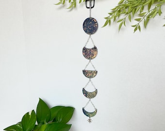 Color shifting Glitter Moon Phase Wall Hanging, Witchy, Cottagecore, Boho, Mushroom, crystal, celestial, decoration, Blue, Green, Purple