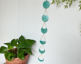 Moon Phase Wall Hanging – Blue and Gold Resin Moon Decor, Witchy Celestial Wall Art, Boho Lunar Home Decor, Whimsigoth Star Decoration,