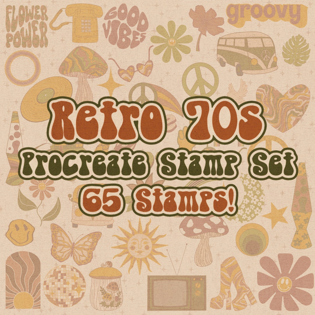 70s Procreate Stamp Set, 65 Retro Designs, 60s Groovy Art, Digital ...