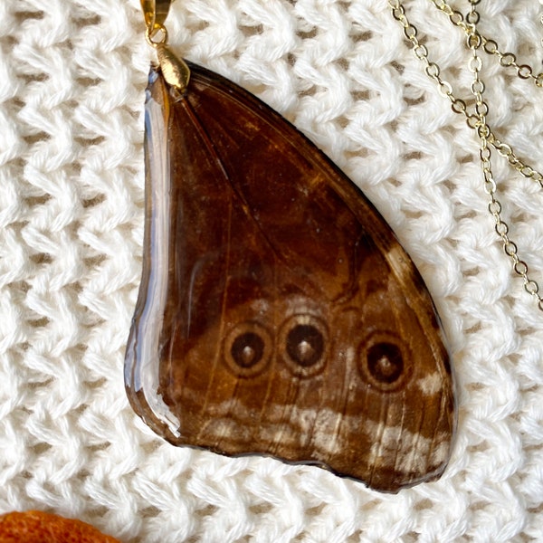 Ethically Sourced Real Morpho Butterfly Wing on Gold Chain - brown cruelty free jewelry handmade accessory