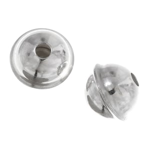 May include: Two shiny, silver-colored metal beads with a rounded, bell-like shape. Each bead has a small hole at the top. The beads are reflective, with a smooth, polished surface. They are likely components for jewelry or other crafts.