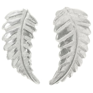 May include: A pair of silver earrings shaped like fern leaves.