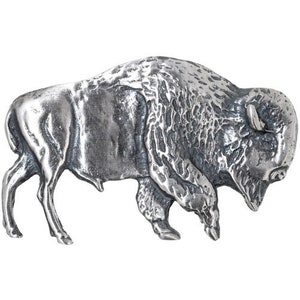 May include: A silver-toned metal bison sculpture. The bison is standing with its head lowered and its horns visible. The sculpture is detailed with textured fur and a realistic appearance.