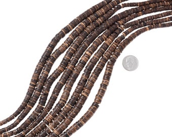 May include: A strand of brown coconut shell beads, approximately 100 beads in total, with a US quarter for size reference.
