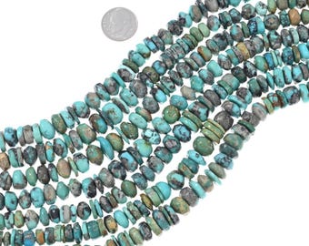 May include: Strands of turquoise beads in various shapes and sizes. The beads are a mix of light blue, green, and gray hues, with a natural, organic appearance. A US dime is included for size reference. The beads are strung together, ready for jewelry making.