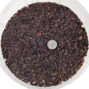 May include: A close-up view of a bowl filled with small, dark red and black gemstones. A US quarter is included for scale.