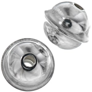 May include: Two silver-toned metal bead caps with a domed top and a flat bottom. The bead caps have a hole in the center for threading.