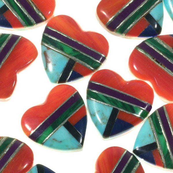 Southwest Heart Cabochons Inlaid Turquoise Lapis Malachite Coral 11mm 0115 - Indian Jewelry Supplies