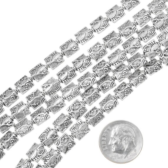 Flat Silver Beads Shiny Pattern 8mm X 6.5mm Priced per 8 Strand