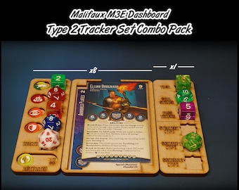 May include: A wooden Malifaux M3E Dashboard Type 2 Tracker Set Combo Pack. The set includes wooden trays with slots for dice and tokens, and space for a game card. The set includes dice in various colors and numbers.