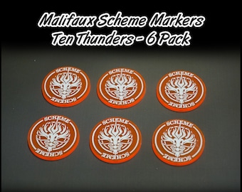 May include: Six orange acrylic tokens with a white engraved symbol of a stylized flame and the word "SCHEME" around the edge. The tokens are for the Malifaux game, Ten Thunders faction.