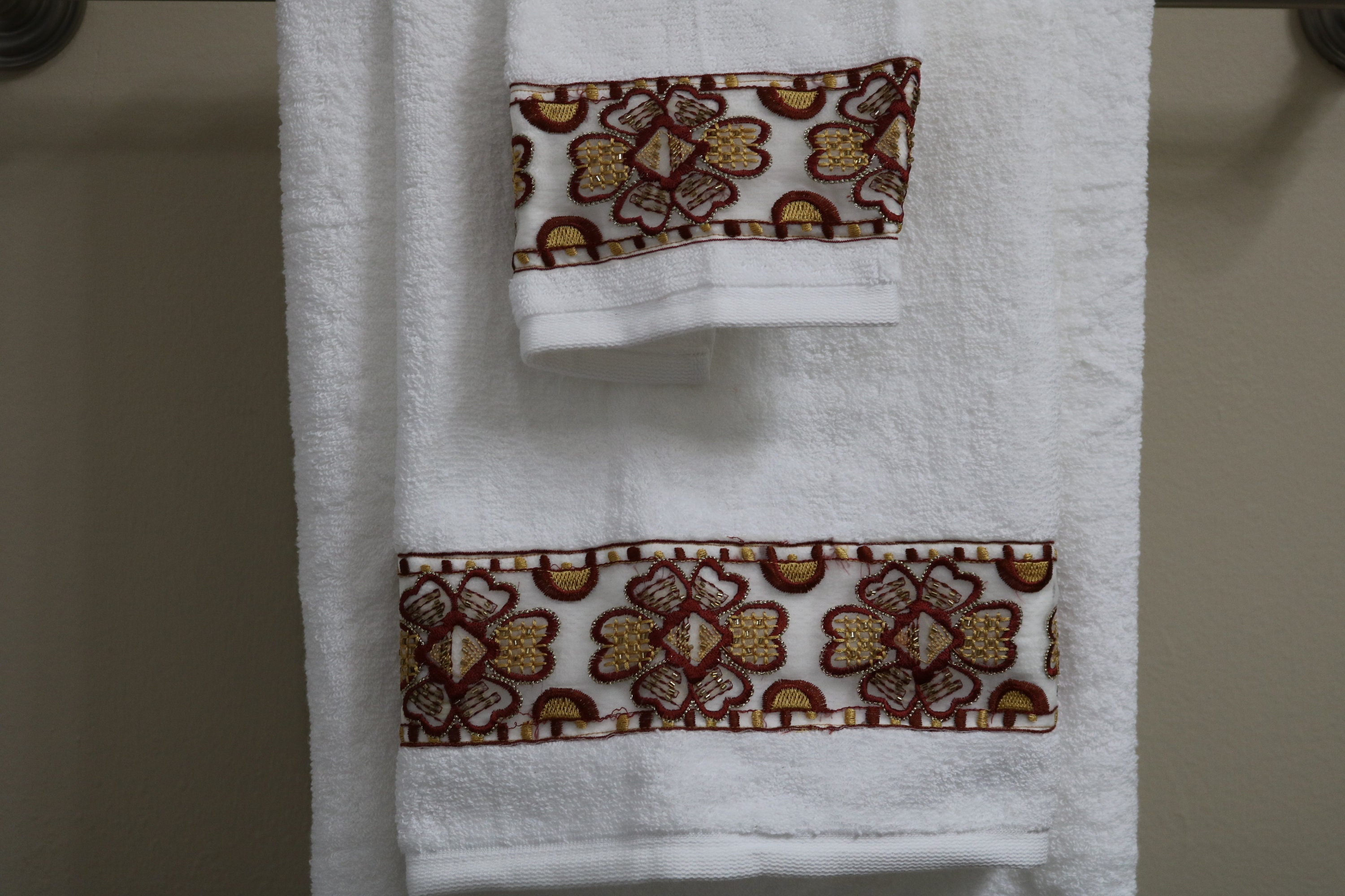 White Towel set with brown and gold embroidery handmade 100 Etsy