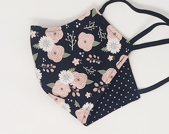 Gezichtsmasker met bloemen en stippen: omkeerbaar 100% katoen, handgemaakt