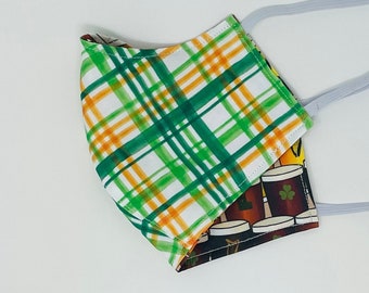 Irish, Beer, Lager, Orange, Plaid, St Patrick's Day, Reversible Reusable Non-Medical Face Mask Handmade 100% Cotton 2 Layer *MADE TO ORDER*