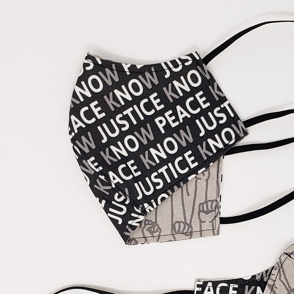 Know Justice/Peace, Civil Rights Protest, Reversible Reusable Non-Medical Face Mask, Handmade 100% Cotton 2 Layer, Elastic *MADE TO ORDER*