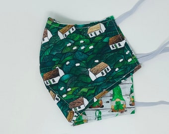 Irish, Sheep, Green Fields, Gnomes, St Patrick's Day, Reversible Reusable Non-Medical Face Mask Handmade 100% Cotton 2 Layer *MADE TO ORDER*