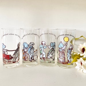Vtg Holly Hobbie Glasses by American Greetings, Friendship Series, Set of 4 Tumblers, Weighted Flat Bottoms, 1978