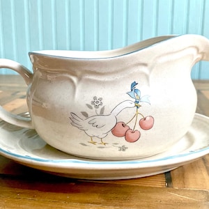 Vtg International China Marmalade Gravy Boat w Underplate, Goose Blue Ribbon Stoneware, Country Geese, Farmhouse Cottage Kitchen, Blue Trim