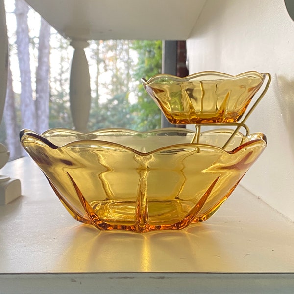 Vtg Anchor Hocking Swedish Modern Honey Gold 3pc Chip & Dip Set, Amber Glass Bowl Set and Metal Bracket, Holiday Serving Pieces, Mid Century