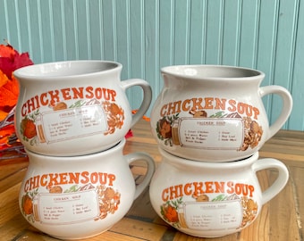 Juego vintage de 4 tazas con recetas de sopa de pollo, cuencos retro con asa, decoración de cocina bohemia, cocina rústica, cuenco para chile, cuencos para sopa, década de 1970