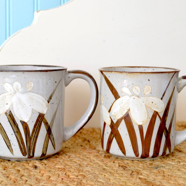 Vintage Boho Stoneware Coffee Cup Set of 2 White and Brown Floral Otagiri Style Mid Century Pottery, Speckled Brown Mugs with Brown Trim