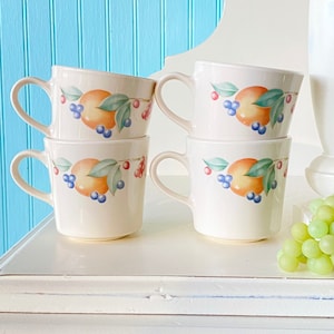 Vintage Corning Ware Corelle Abundance Peach Mugs, Set of 4 Coffee Tea Cups, Country Farmhouse Kitchen Dishes, Fruit Kitchen Decor