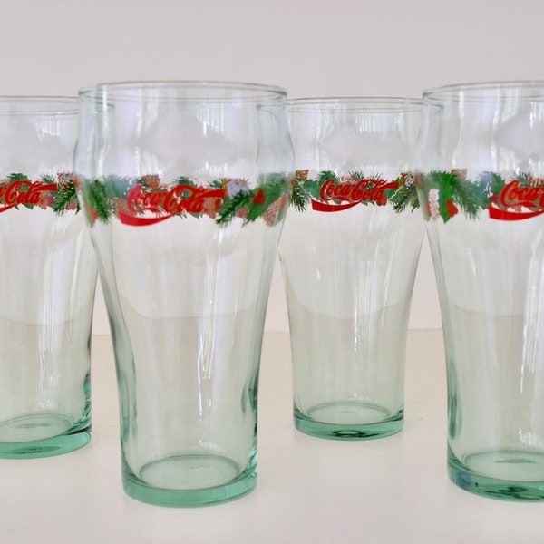 Vtg Coca-Cola Christmas Glasses Holly and Pine Cones, Set of 4 Green Tumblers, 1970s Holiday Coke Advertising, Libbey Glassware