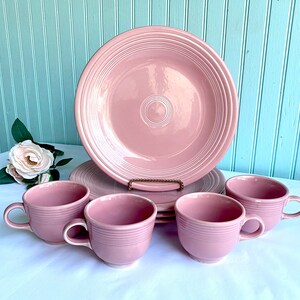 Fiesta Rose Pink Dinnerware 8pc Set, 4 Plates, 4 Tea Cups, Fiestaware by Homer Laughlin China, HLC USA, Cottage Core, Farmhouse, Retired