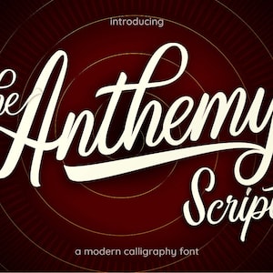 May include: Introducing "The Antherny Script", a modern calligraphy font. The font is white and is displayed on a red background with concentric circles.