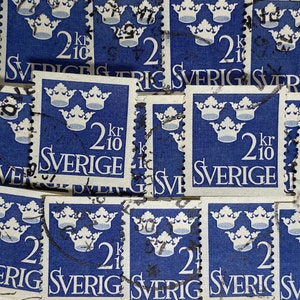 Sello artístico, azul, escudo real, escudo de armas, 2,10 coronas, Suecia, sellos usados